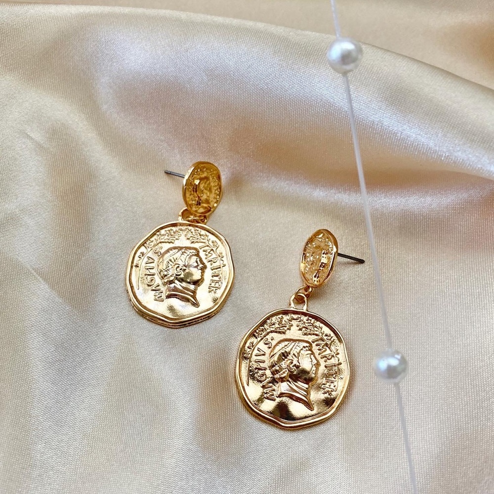 Golden Portraits Coins Statement Earrings - Picture 4 of 9